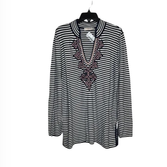 Tory Burch Katama Sweater Stripe Embroidery  size L - Picture 2 of 5